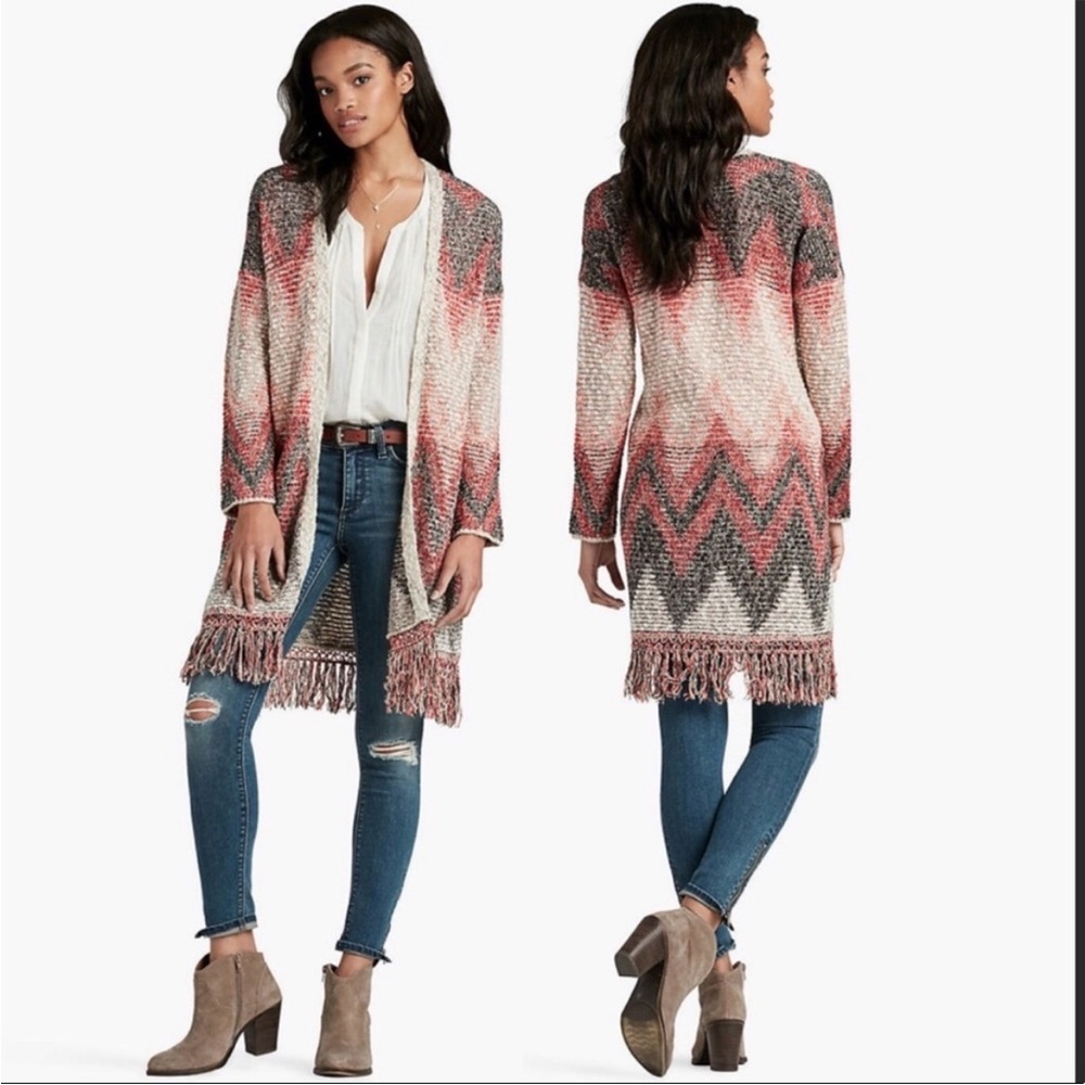 Lucky Brand Chevron Fringe Duster Cardigan sweater medium southwestern print